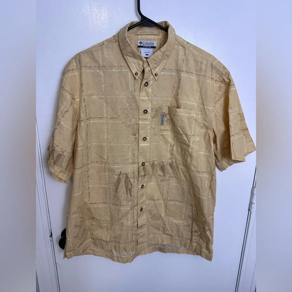 Columbia River Lodge Shirt Men's Large Beige Fish Print Short Sleeve Button 1257 - Picture 1 of 5